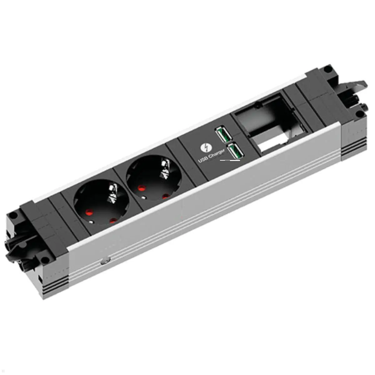 Bachmann STEP BASE ALU Steckdosenleiste 2-fach, 1x Custom Modul, USB A/A Charger, mit GST18 Bachmann STEP BASE ALU Steckdosenleiste 2-fach, 1x Custom Modul, USB A/A Charger, mit GST18