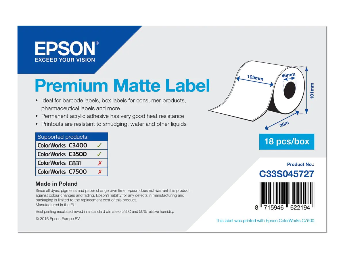 Epson Etiketten Hochweiß 10,5 cm x 35 m Acryl C33S045727 selbstklebend