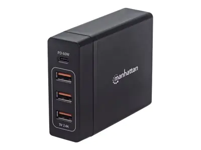 Manhattan Power Delivery-Ladestation 72 W, Ladegerät mit einem USB-C Power Delivery-Port mit bis zu 60 W, drei USB-A-Ladeports mit bis zu 12 W / 2,4 A, schwarz - Netzteil - Wechselstrom 100-240 V - 60 Watt - Ausgangsanschlüsse: 4 - Schwarz