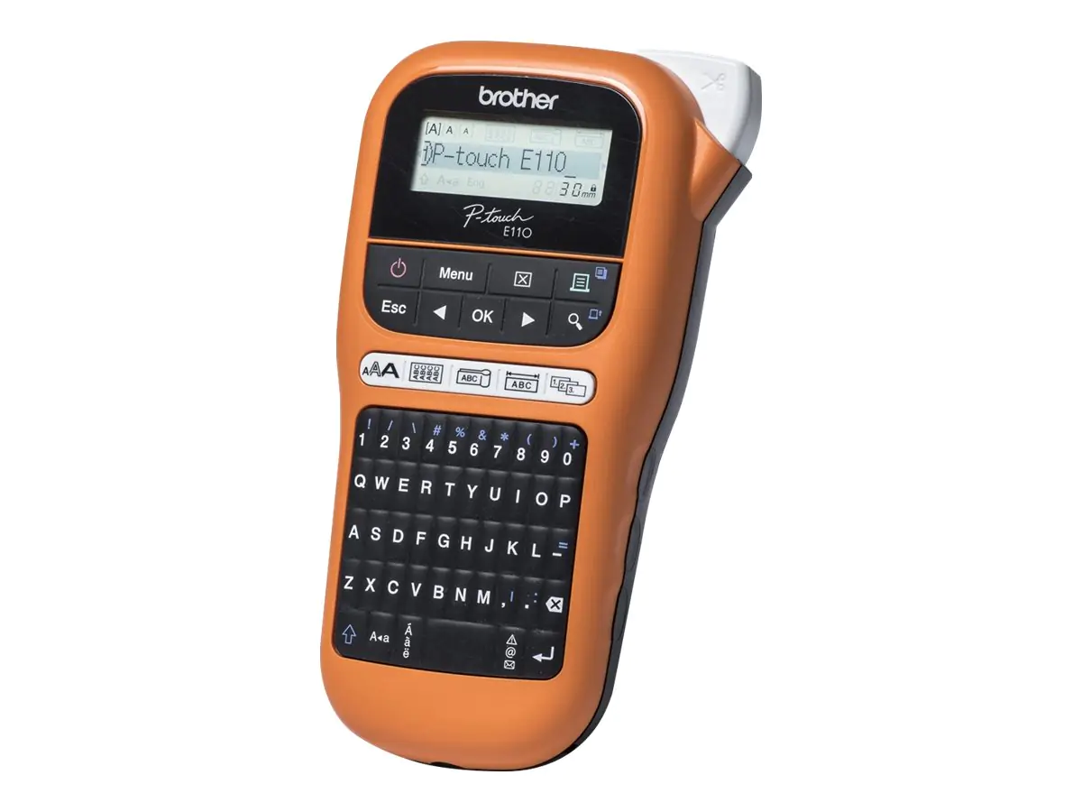 Brother P-Touch PT-E110 - Beschriftungsgerät - s/w - Thermotransfer - Rolle (1,2 cm) - 180 dpi - bis zu 20 mm/Sek. - 2-zeiliger Druck - Schwarz, orange Brother P-Touch PT-E110 - Beschriftungsgerät - s/w - Thermotransfer - Rolle (1,2 cm) - 180 dpi - bis zu 20 mm/Sek. - 2-zeiliger Druck - Schwarz, orange