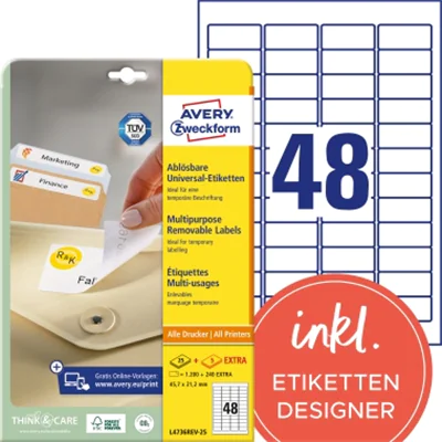 Avery Zweckform Etikett L4736REV-25 45,7x21,2mm weiß 1.440 St./Pack. Avery Zweckform Etikett L4736REV-25 45,7x21,2mm weiß 1.440 St./Pack.
