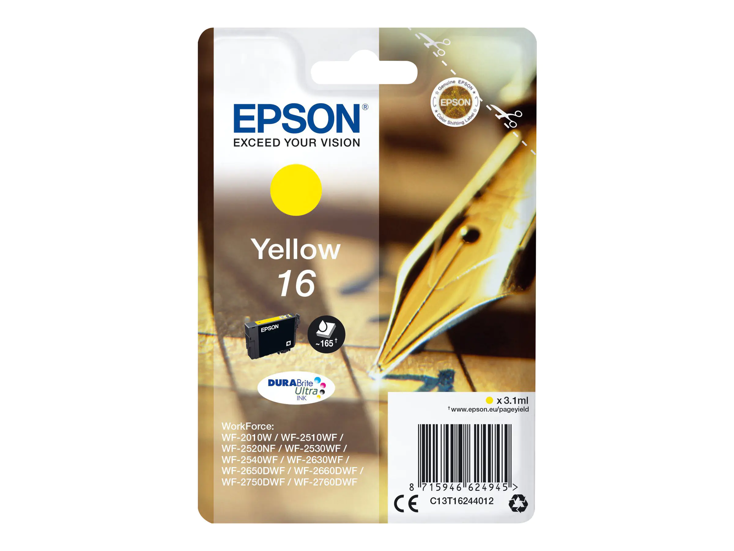 Epson 16 - 3.1 ml - Gelb - Original - Tintenpatrone - für WorkForce WF-2010, WF-2510, WF-2520, WF-2530, WF-2540, WF-2630, WF-2650, WF-2660, WF-2750 Epson 16 - 3.1 ml - Gelb - Original - Tintenpatrone - für WorkForce WF-2010, WF-2510, WF-2520, WF-2530, WF-2540, WF-2630, WF-2650, WF-2660, WF-2750