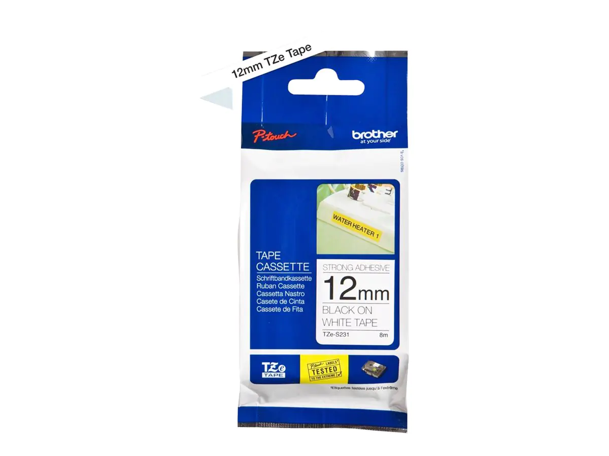Brother TZe-S231 - Extra starker Klebstoff - Schwarz auf Weiß - Rolle (1,2 cm x 8 m) TZES231