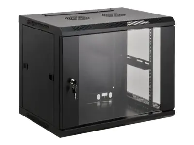 Intellinet Network Cabinet, Wall Mount (Standard), 12U, Usable Depth 500mm/Width 540mm, Black, Assembled, Max 60kg, Metal & Glass Door, Back Panel, Removeable Sides,Suitable also for use on desk or floor,19",Parts for wall install (eg screws/rawl
