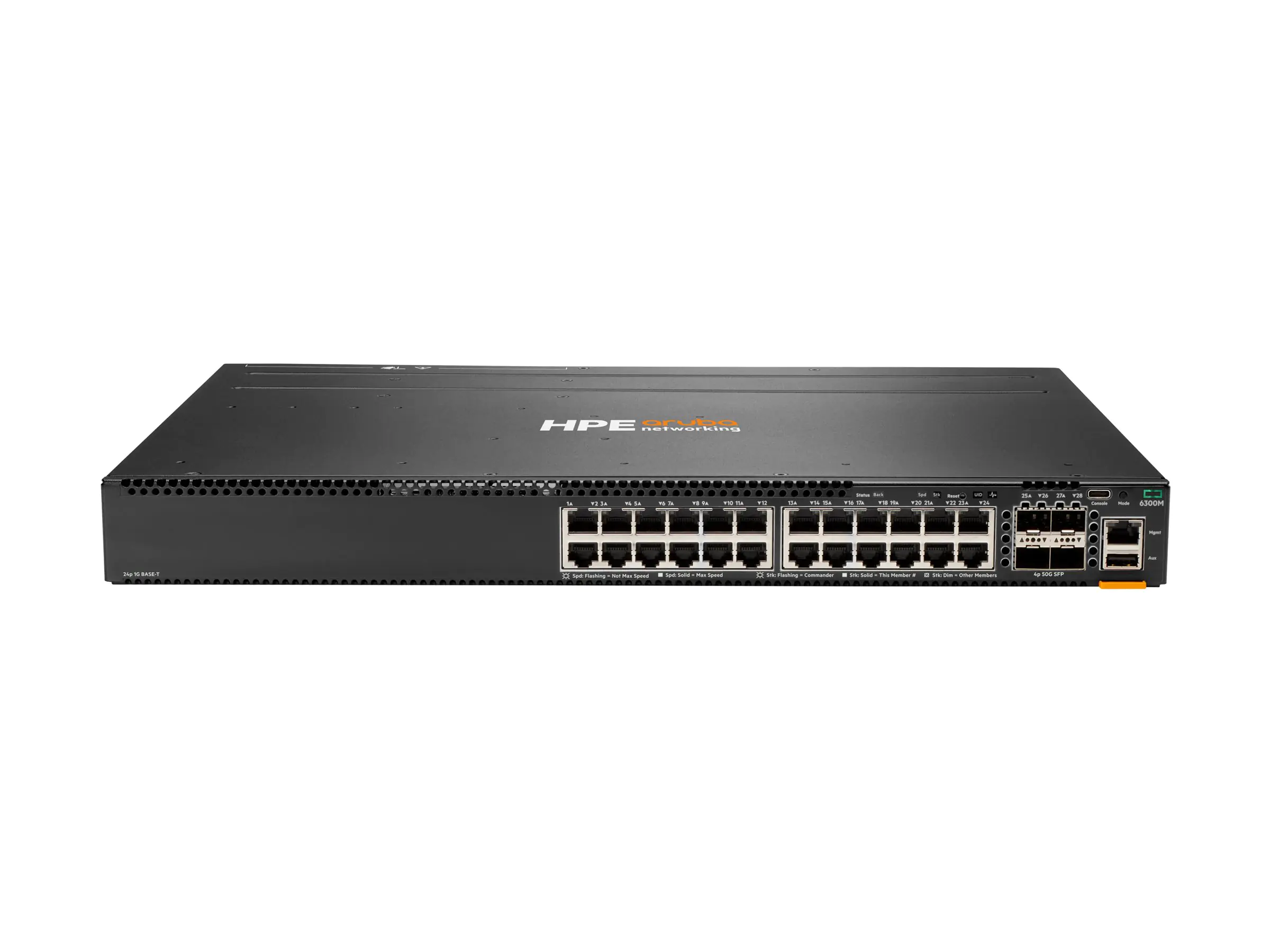 HPE Aruba 6300M - Switch - L3 - managed - 24 x 10/100/1000 + 4 x 1 Gigabit / 10 Gigabit / 25 Gigabit / 50 Gigabit SFP56 (Uplink / Stacking) - Front und Seite zu Hinterseite - an Rack montierbar