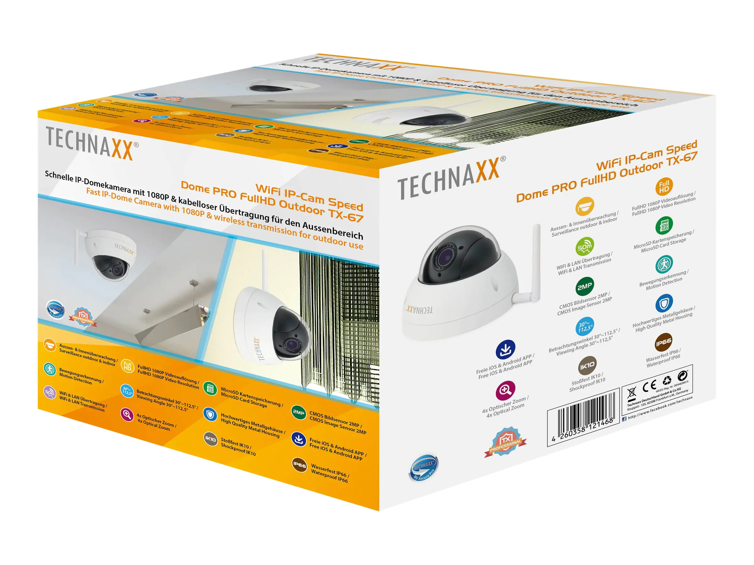 Technaxx TX-67 Speed Dome PRO - Netzwerk-Überwachungskamera - PTZ - Außenbereich - staubdicht/wasserdicht/vandalismusresistent - Farbe - 2 MP - 1920 x 1080 - 720p, 1080p - motorbetrieben - drahtlos - Wi-Fi - LAN 10/100 - MJPEG, H.264 - DC 12 V