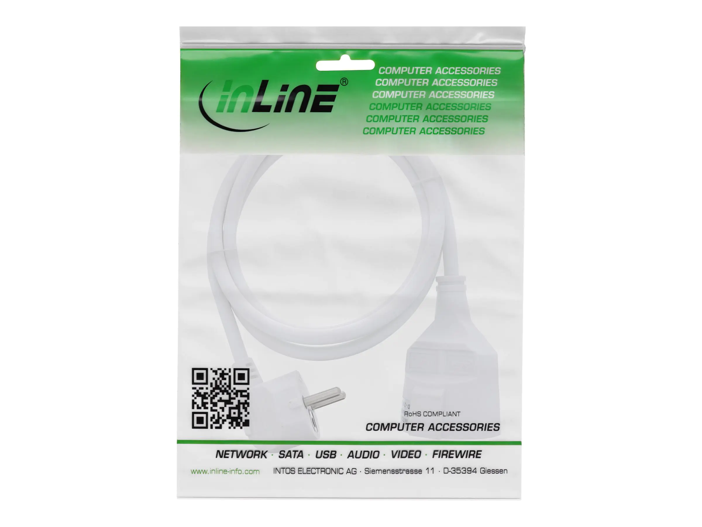 InLine Strom-Verlängerung Schutzkontakt Stecker gewinkelt / Buchse - weiß - 7m 16407U