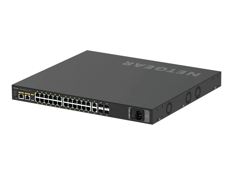 NETGEAR AV Line M4250-26G4XF-PoE+ - Switch - L3 - managed - 24 x 10/100/1000 (PoE+) + 2 x 10/100/1000 + 4 x 1 Gigabit / 10 Gigabit SFP+ - Seite-zu-Seite-Luftstrom - an Rack montierbar - PoE+ (480 W)