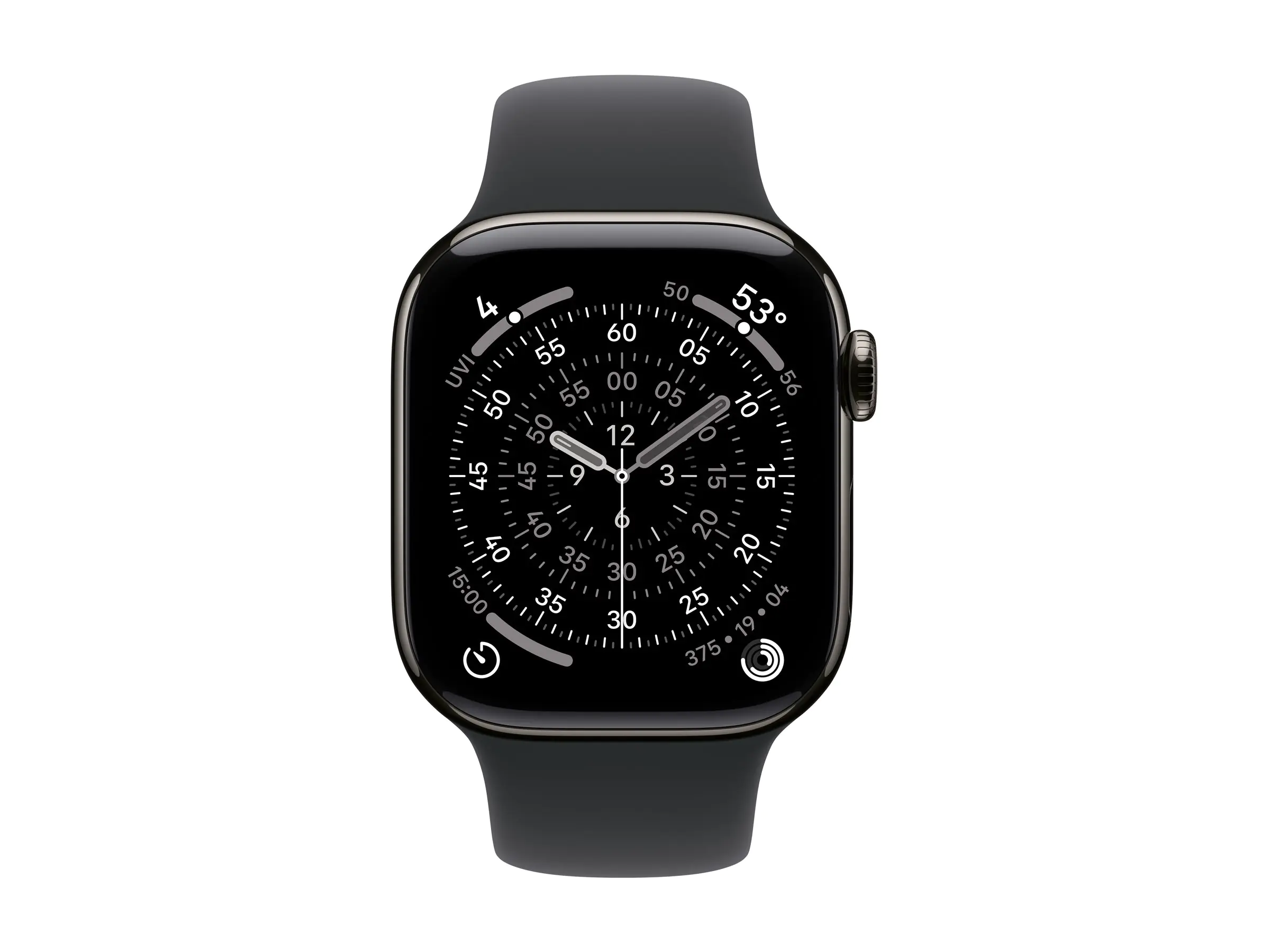Apple Watch Series 11 (GPS + Cellular) - 42 mm - Schiefertitan - intelligente Uhr mit Sportband - Flouroelastomer - schwarz - Bandgröße: S/M - 64 GB - LTE, Wi-Fi 4, UWB, Bluetooth - 5G - 34.6 g