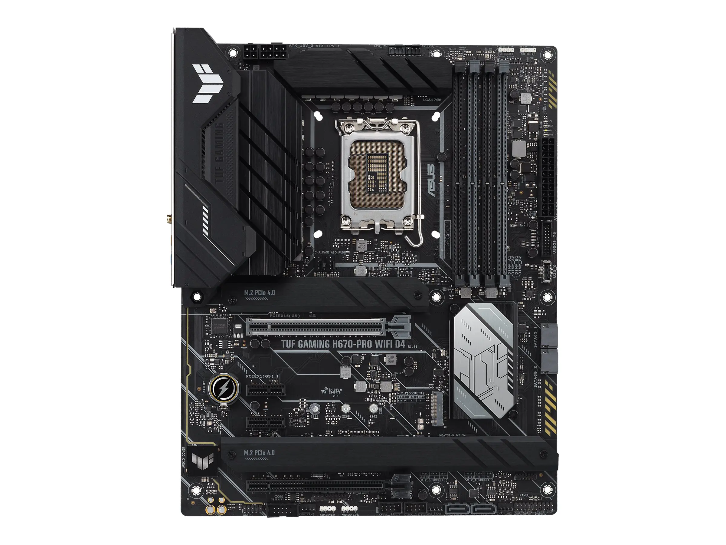 ASUS TUF GAMING H670-PRO WIFI D4 - Motherboard - ATX - LGA1700-Sockel - H670 Chipsatz - USB 3.2 Gen 2, USB 3.2 Gen 1, USB-C Gen 2x2, USB-C Gen1 - 2.5 Gigabit LAN, Wi-Fi 6, Bluetooth - Onboard-Grafik (CPU erforderlich) - HD Audio (8-Kanal)