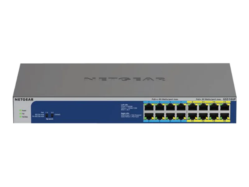 NETGEAR GS516UP - Switch - unmanaged - 8 x 10/100/1000 (PoE+) + 8 x 10/100/1000 (PoE++) - Desktop, an Rack montierbar - PoE++ (380 W)
