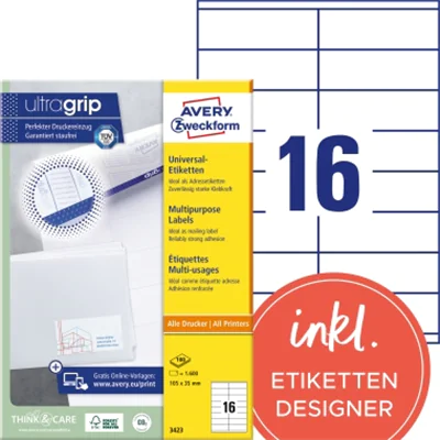 Avery Zweckform Universaletikett 3423 105x35mm weiß 1.600 St./Pack Avery Zweckform Universaletikett 3423 105x35mm weiß 1.600 St./Pack