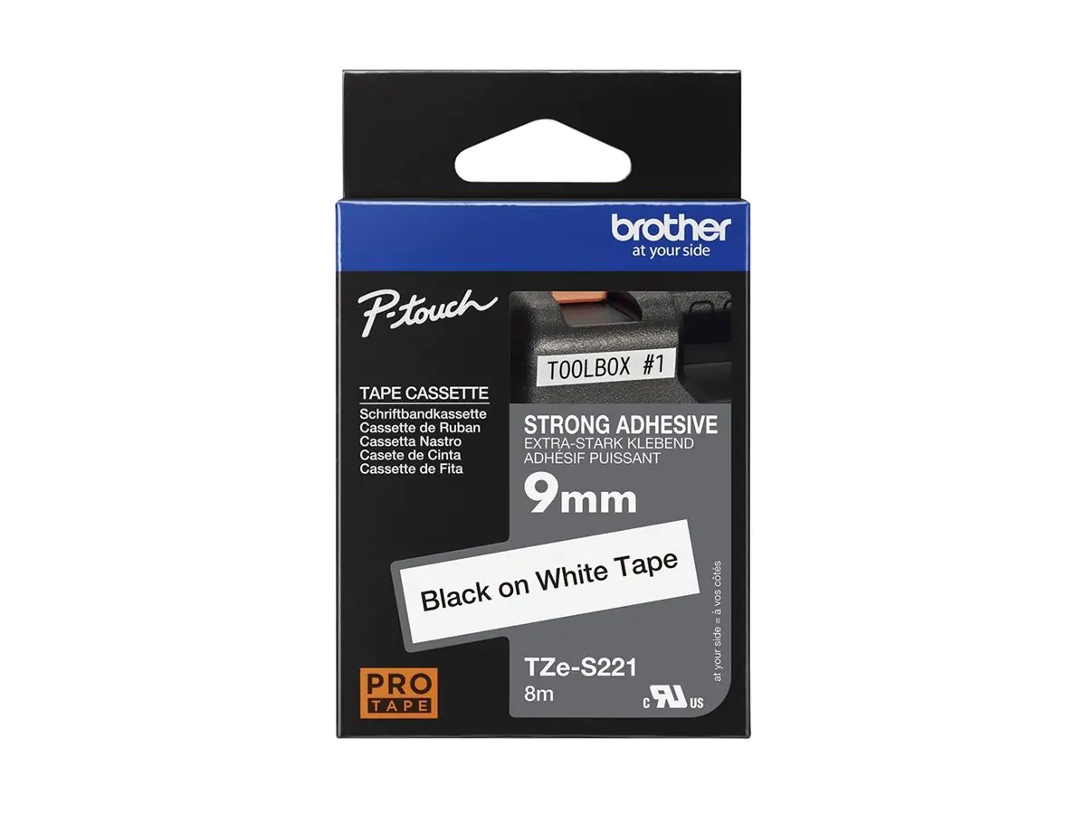 Brother TZe-S221 - Extrem stark haftend - Schwarz auf Weiß - Rolle (0,9 cm x 8 m) TZES221