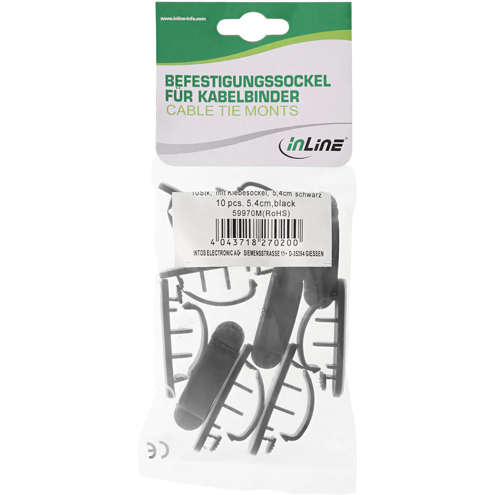 InLine 10er Pack Kabelmanager - mit Klebesockel - 2,8cm - schwarz