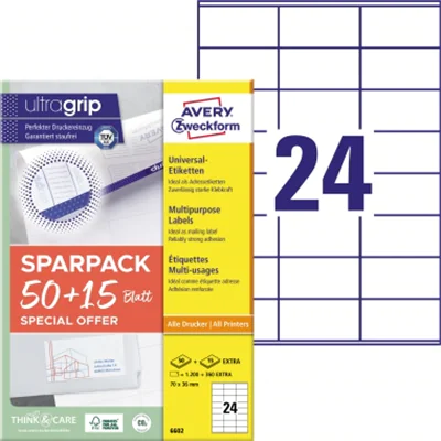 Avery Zweckform Universaletikett ultragrip 70 x 36 mm (B x H) nicht wieder ablösbar Papier weiß 1.560 Etik./Pack.