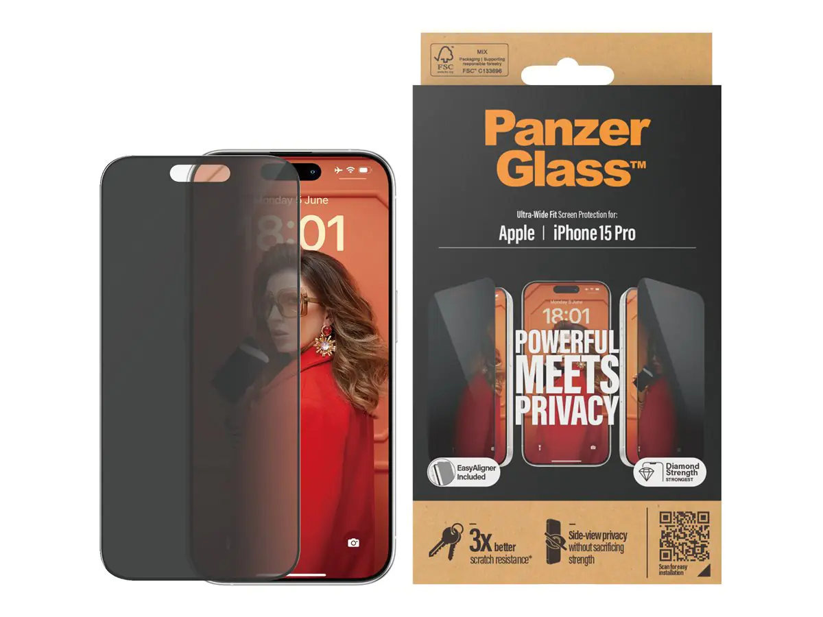PanzerGlass Privacy - Bildschirmschutz für Handy - ultrabreite Passform mit EasyAligner - Glas - mit Sichtschutzfilter - 6.1" - Rahmenfarbe schwarz - für Apple iPhone 15 Pro