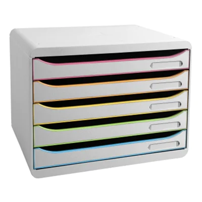 Exacompta Schubladenbox BIG-BOX plus quer 5 Schubladen DIN A4, Überbreite Polystyrol Gehäusefarbe: weiß Farbe der Schublade: weiß/harlekin