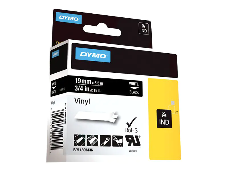 Dymo Rhino Coloured Vinyl - Vinyl - permanenter Klebstoff - Weiß auf Schwarz - Roll (1.9 cm x 5.5 m)