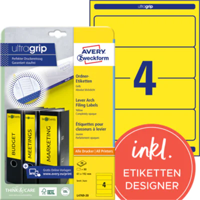 Avery Zweckform Ordneretikett L4769-20 61x192mm ge 80 St./Pack. Avery Zweckform Ordneretikett L4769-20 61x192mm ge 80 St./Pack.