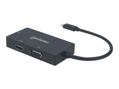 Manhattan USB-C Dock/Hub, Ports (x3): DVI-I, HDMI and VGA Ports, Note: Only One Port can be used at a time, External Power Supply Not Needed, Cable 10cm, Black, Three Year Warranty, Blister - Videoadapter - 24 pin USB-C männlich zu HD-15 (VGA), DVI-I, HDM