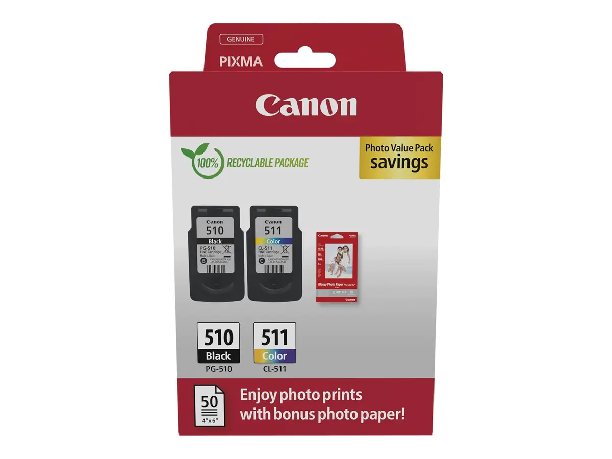 Canon PG-510/CL-511 Photo Paper Value Pack - 2er-Pack - Schwarz, Farbe (Cyan, Magenta, Gelb) - original - Hängebox - Tintenpatrone / Papierkit - für PIXMA iP2700, MP230, MP252, MP272, MP280, MP282, MP492, MP495, MP499, MX360, MX410, MX420