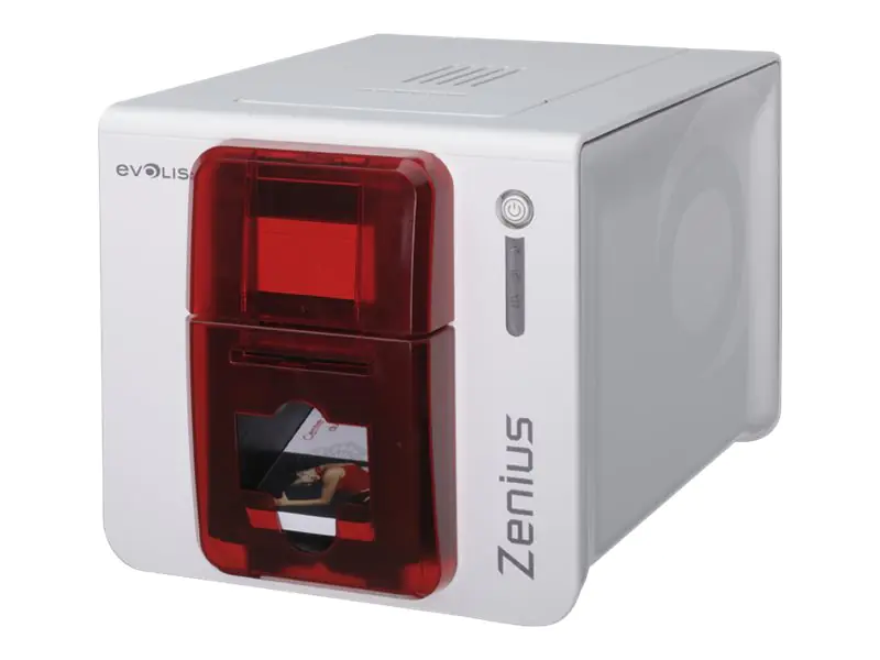 Evolis Zenius Classic line - Plastikkartendrucker - Farbe - Thermosublimation/thermische Übertragung - CR-80 Card (85.6 x 54 mm) - bis zu 500 Karten/Stunde (einfarbig)/ bis zu 150 Karten/Stunde (Farbe) - Kapazität: 50 Karten - USB - Rot