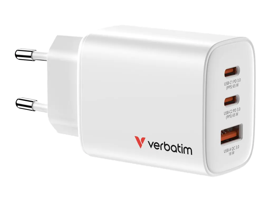 Verbatim Essentials - Netzteil - GaN - 65 Watt - 3 A - Power Delivery 3.0 + PPS, QC 3.0 - 3 Ausgabeanschlussstellen (USB-C, USB) 32353