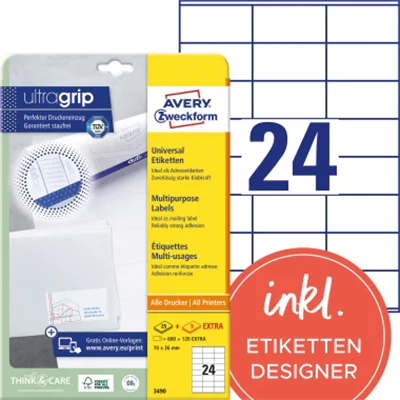 Avery Zweckform Universaletikett 3490 70x36mm weiß 720 St./Pack. Avery Zweckform Universaletikett 3490 70x36mm weiß 720 St./Pack.