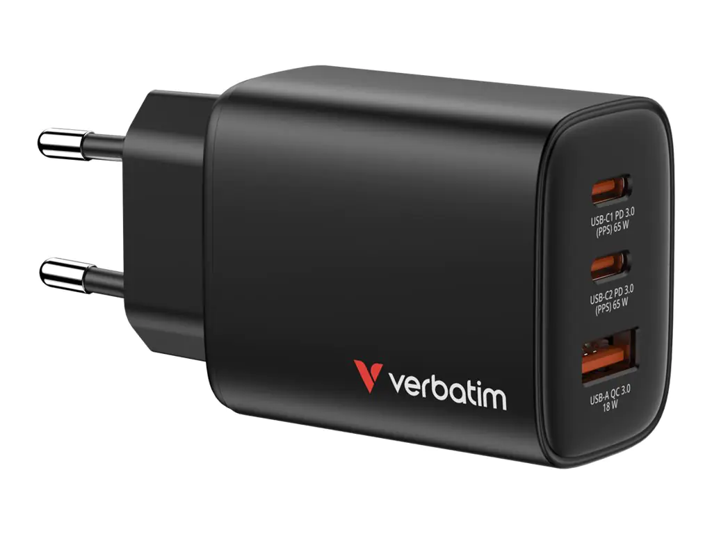Verbatim Essentials - Netzteil - GaN - 65 Watt - 3 A - Power Delivery 3.0 + PPS, QC 3.0 - 3 Ausgabeanschlussstellen (USB-C, USB) 32352