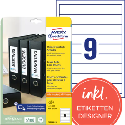 Avery Zweckform Avery - Ordneretiketten - für A4 (210 x 297 mm) - weiß (Packung mit 225) C32266-25