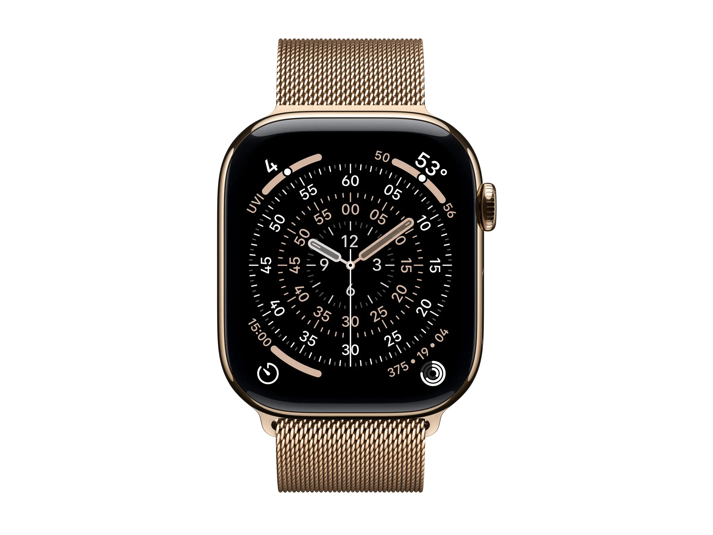 Apple Watch Series 11 (GPS + Cellular) - 46 mm - Gold Titan - intelligente Uhr mit Milanaise Armband - Edelstahl-Geflecht - Gold - Bandgröße: S/M - 64 GB - LTE, Wi-Fi 4, UWB, Bluetooth - 5G - 43.1 g
