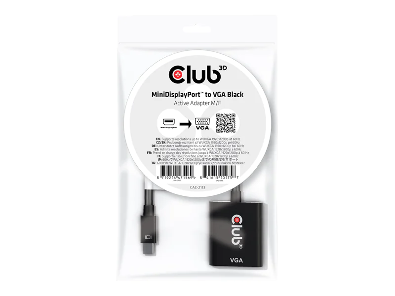 Club 3D CAC-2113 - Videoadapter - Mini DisplayPort (M) zu HD-15 (VGA) (W) - DisplayPort 1.1a - 22.86 cm - 1080p-Unterstützung, aktiv, 1920 x 1200 (WUXGA) Support - Schwarz