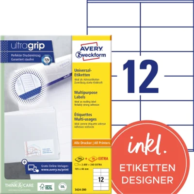 Avery Zweckform Universaletikett 3424 105x48mm weiß 1.200 St./Pack. Avery Zweckform Universaletikett 3424 105x48mm weiß 1.200 St./Pack.