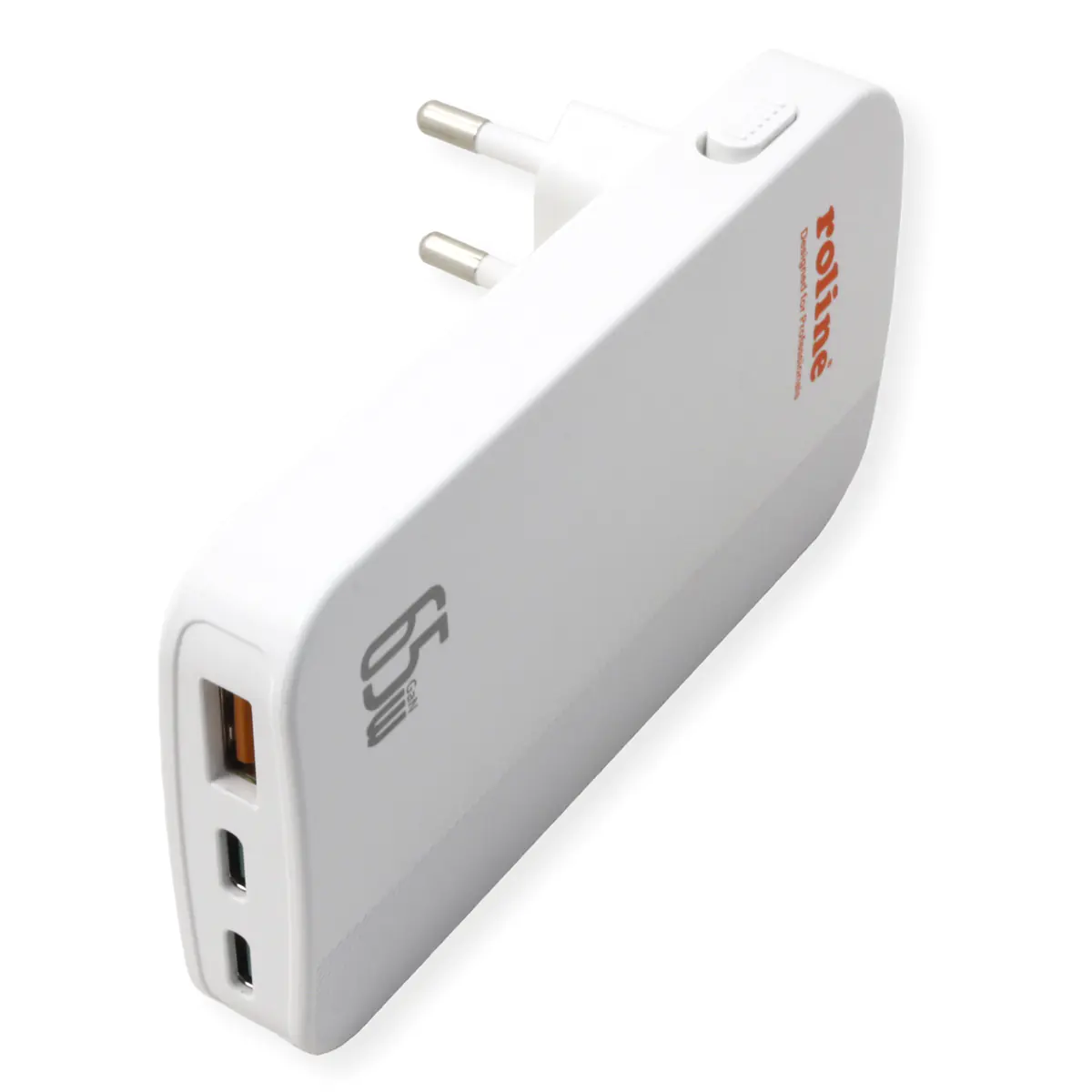 ROLINE Netzteil - slim, foldable Euro plug - 65 watt - 3.25 A - 3 Ausgabeanschlussstellen (2 x USB-C, USB) 19.11.1058