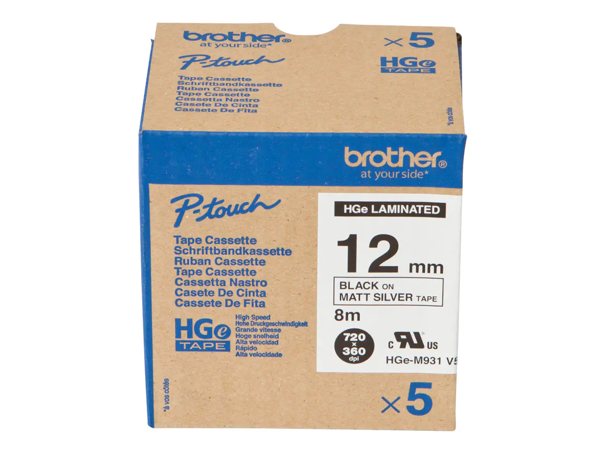 Brother HGE-M931V5 - Schwarz auf Silber - Rolle (1,2 cm x 8 m) 5 Kassette(n) laminiertes Band - für P-Touch PT-9500pc, PT-9700PC, PT-9800PCN; P-Touch R RL-700S