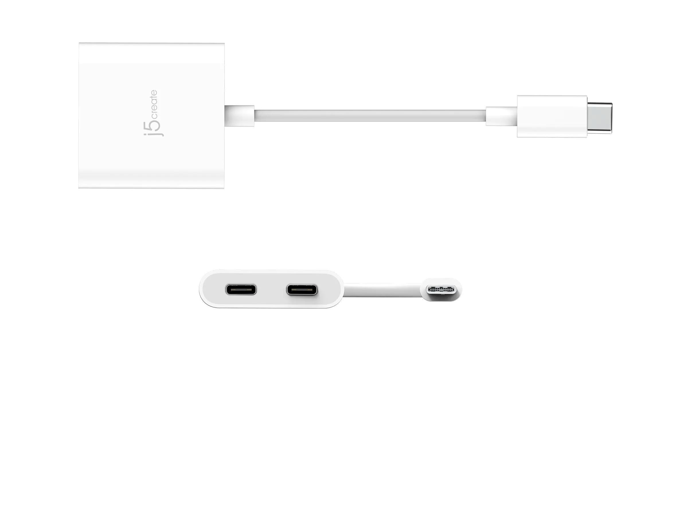 J5Create - USB-Adapter - 24 pin USB-C (M) zu 24 pin USB-C (W) - 20 V - 5 A - 10 cm - zwei Steckplätze, up to 480 Mbps data transfer rate, unterstützt 4K 240 Hz (3840 x 2160), unterstützt Power Delivery 3.0 - weiß