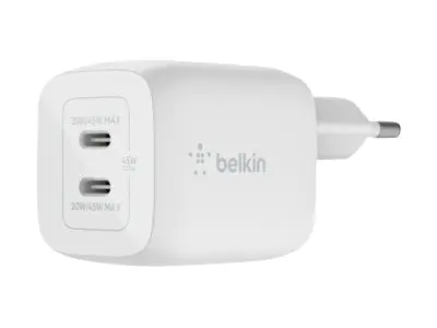 Belkin BoostCharge Pro GaN - Netzteil - PPS- und GaN-Technologie - 45 Watt - Fast Charge, PD 3.0 - 2 Ausgabeanschlussstellen (2 x USB-C) - weiß