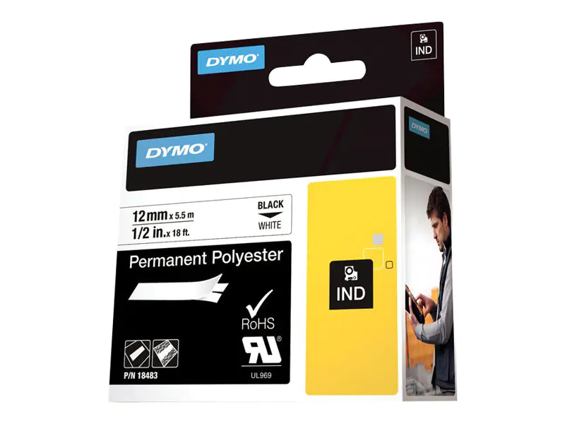 Dymo IND - Polyester - permanenter Klebstoff - Schwarz auf Weiß - Rolle (1,2 cm x 5 m) 18483