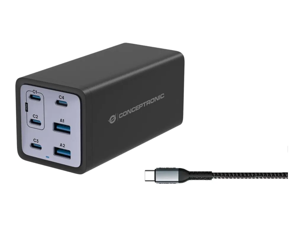Conceptronic Netzteil - 200 Watt - Power Delivery 3.1, QC 3.0, PD 3.0 - 6 Ausgabeanschlussstellen (4 x USB-C, 2 x 9-polige USB Typ A) OZUL06BE