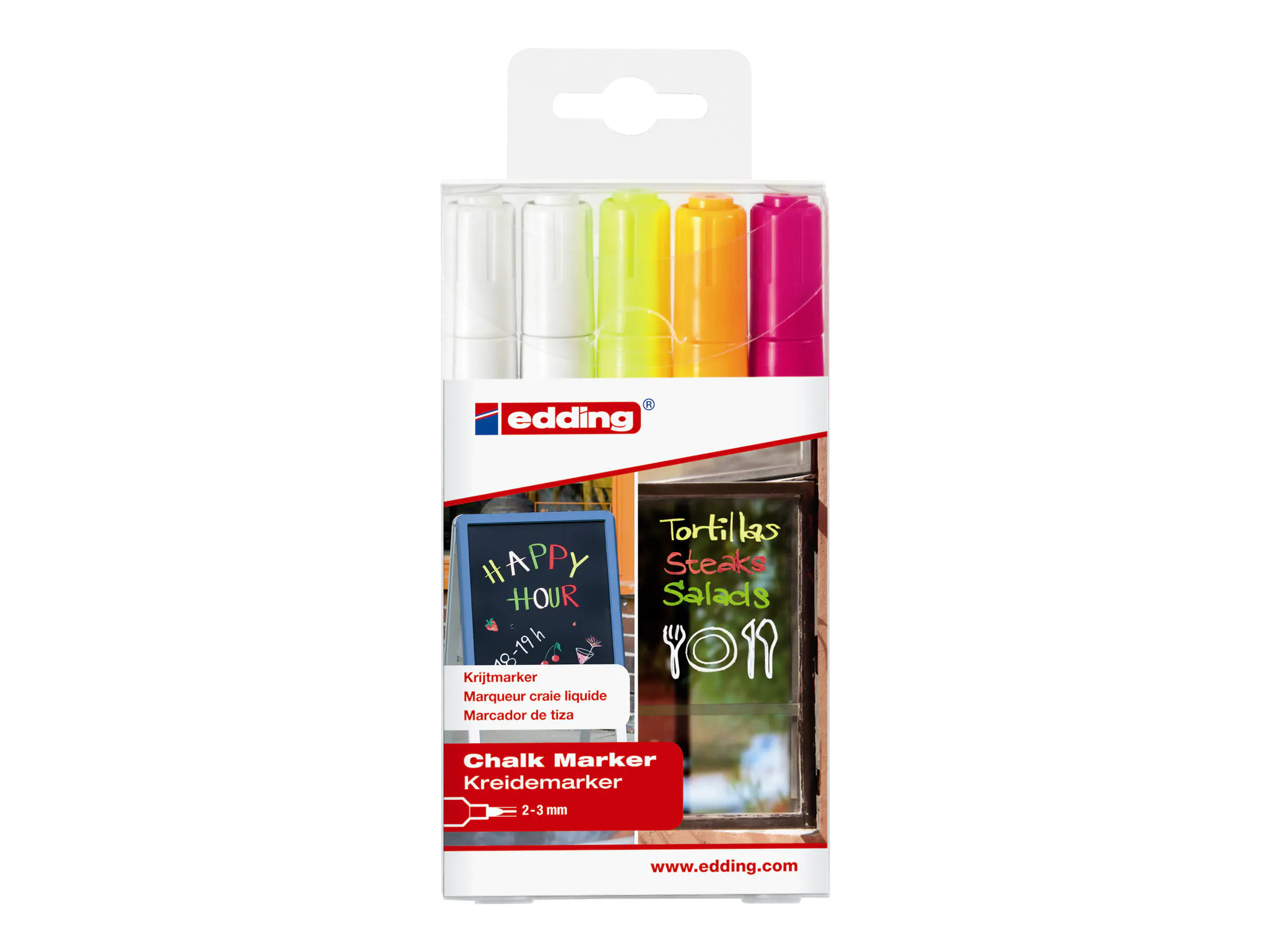 EDDING 4095 chalk - Marker - für Glas, Tafel - fluoreszierend orange, fluoreszierend rosa, weiß, neongelb - wasserbasierte Flüssigkreide - 2-3 mm (Packung mit 5) 4-4095-5999