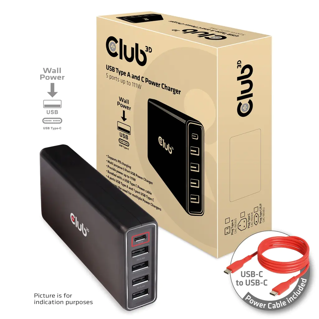 Club 3D USB Typ A und C Ladegerät 5 Ports bis zu 111W CAC-1903EU