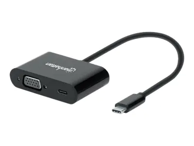Manhattan USB-C to VGA and USB-C (inc Power Delivery), 1080p@60Hz, 19.5cm, Black, Power Delivery to USB-C Port (60W), Male to Female, Lifetime Warranty, Retail Box - Videoadapter - 24 pin USB-C (M) zu HD-15 (VGA) (W) - USB 3.2 Gen 1 / Thunderbolt 3 - 3 A
