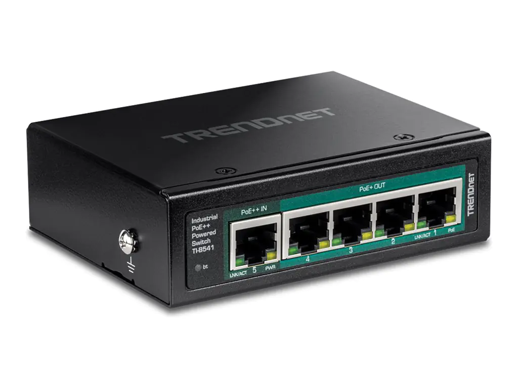 Trendnet TI-B541 - Switch - industriell, mit PoE Pass-Through - 1 x 10/100/1000 (PoE++ Eingang) + 4 x 10/100/1000 (PoE+) - an DIN-Schiene montierbar, wandmontierbar - PoE+ (65 W) - TAA-konform