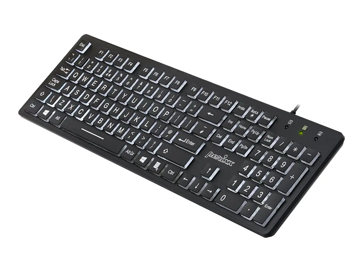 Perixx PERIBOARD-317 - Tastatur - Standard, mit großen Druckbuchstaben - hintergrundbeleuchtet - USB - QWERTY - USA - Schwarz