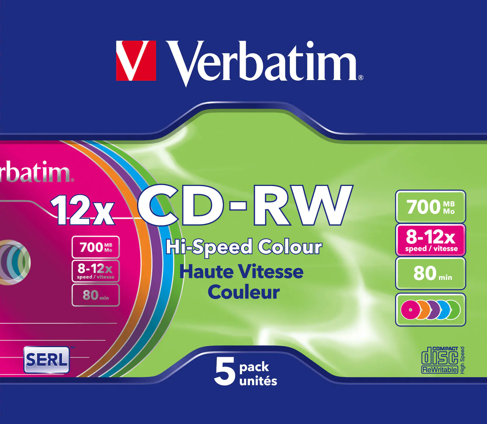 Verbatim DataLifePlus Hi-Speed - 5 x CD-RW - 700 MB (80 Min) 8x - 12x - Slim Jewel Case