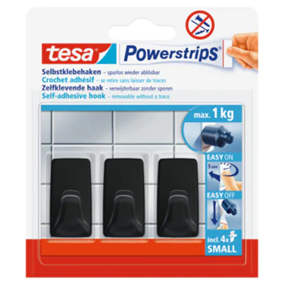 tesa® Haken Powerstrips® Small Fliesen, Glas, Holz, Kunststoff 1kg schwarz 3 St./Pack. tesa® Haken Powerstrips® Small Fliesen, Glas, Holz, Kunststoff 1kg schwarz 3 St./Pack.