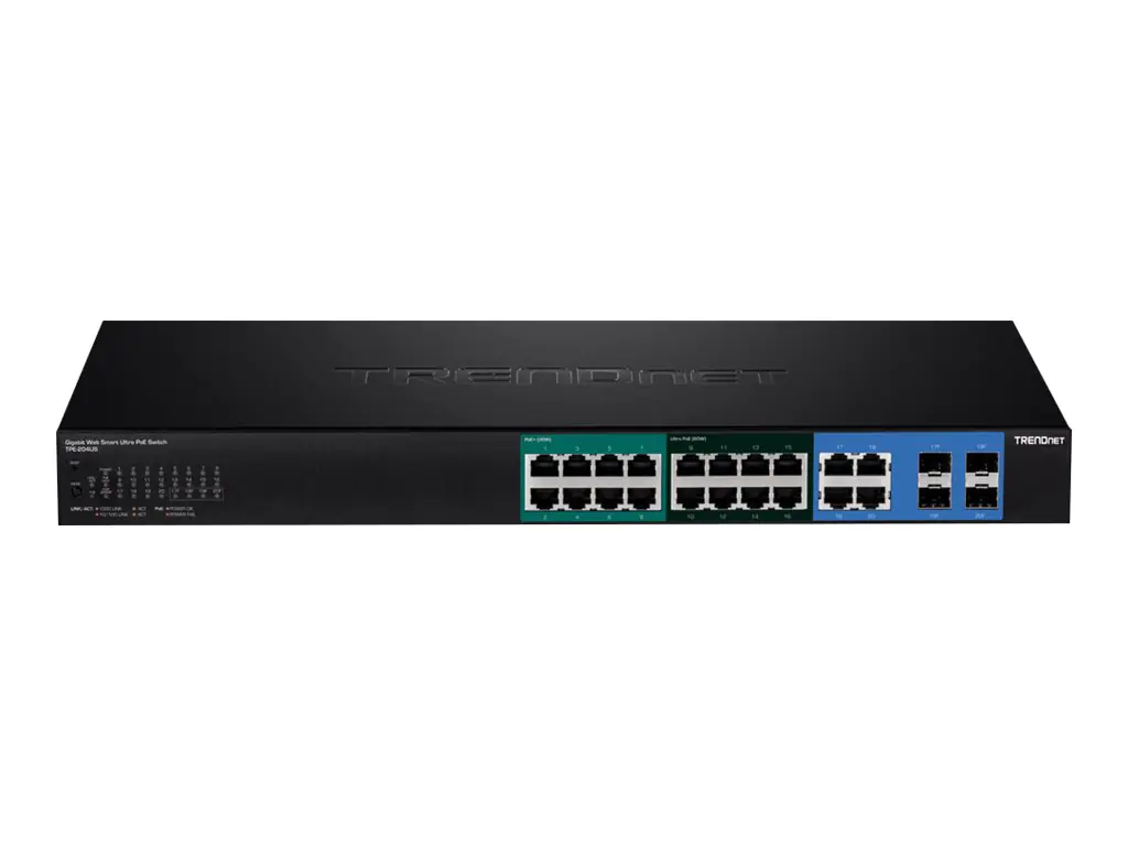 TRENDnet TPE 204US - Switch - Smart - 8 x 10/100/1000 (UPOE) + 8 x 10/100/1000 (PoE+) + 4 x Shared Gigabit SFP - an Rack montierbar - UPOE (370 W)