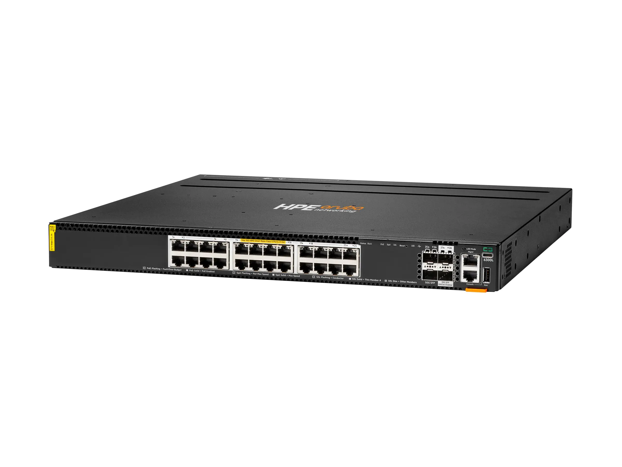 HPE Aruba Networking CX 6300L 24p Smart Rate 1G/2.5G/5G/10G Class6 PoE 2p 50G and 2p 25G L2 Switch - Switch - L3 - 24 x 1/2.5/5/10GBase-T (PoE++) S3L75A