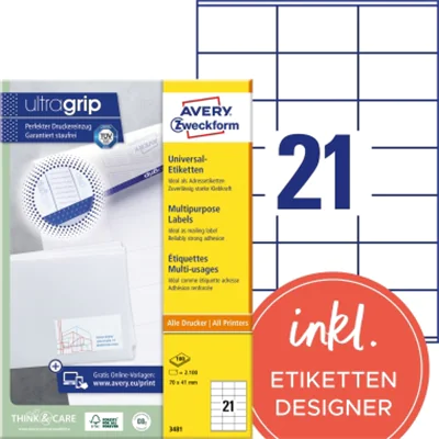 Avery Zweckform Universaletikett 3481 70x41mm weiß 2.100 St./Pack. Avery Zweckform Universaletikett 3481 70x41mm weiß 2.100 St./Pack.