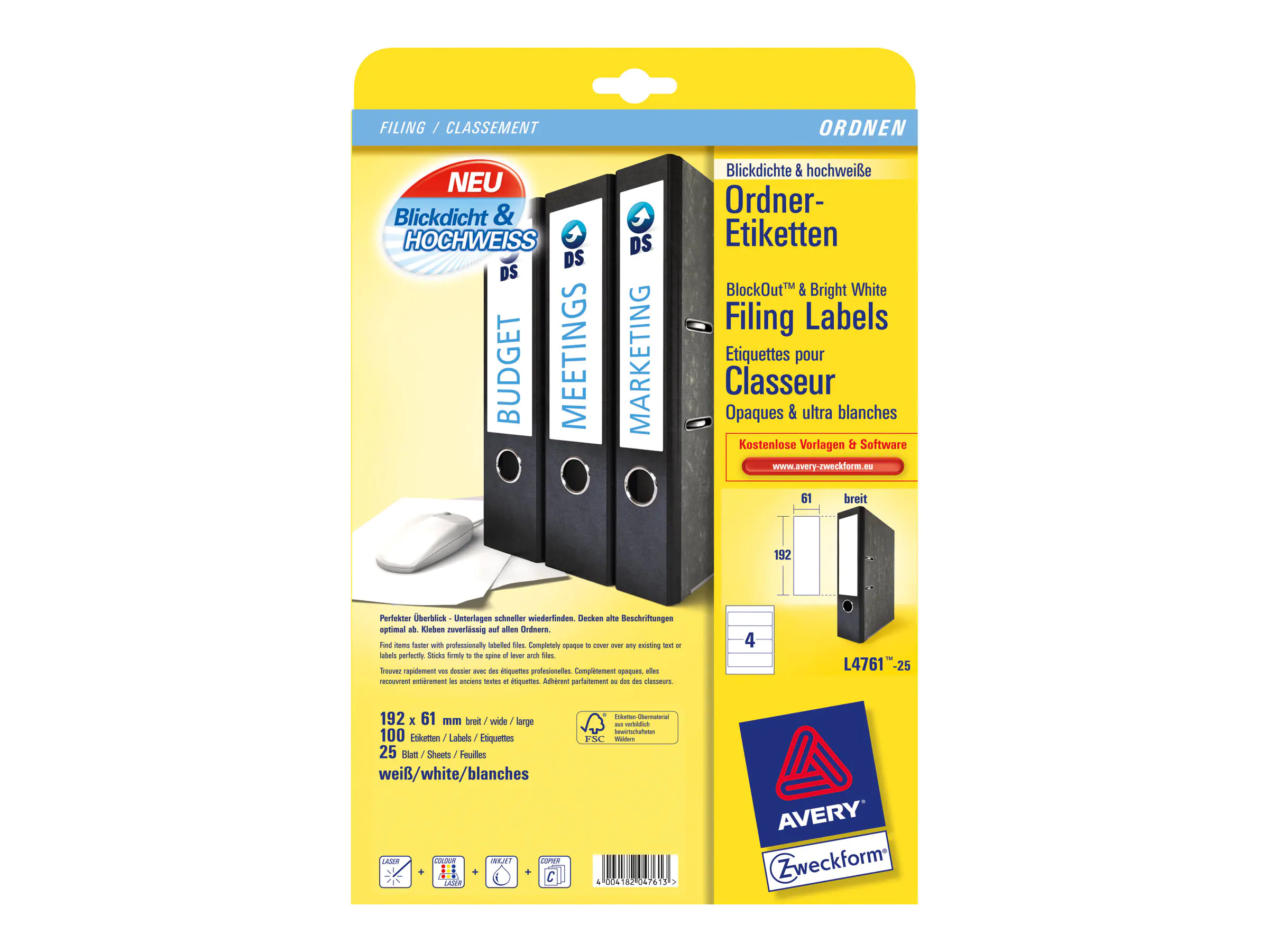 Avery Zweckform Avery File Folder Labels - Weiß - 192 x 61 mm L4761-25